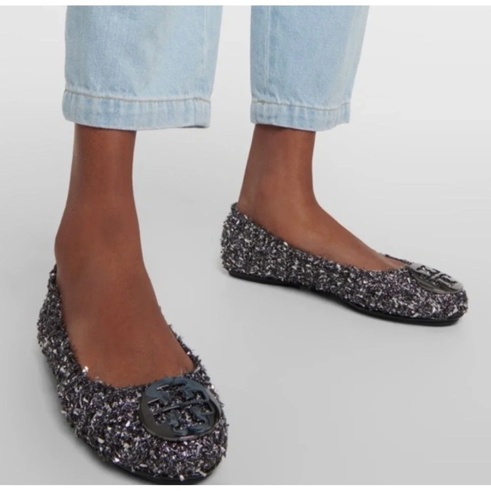 Tory Burch Minnie Travel Ballet Flats Sparkle Tweed Embellished Logo Gray Sz 13